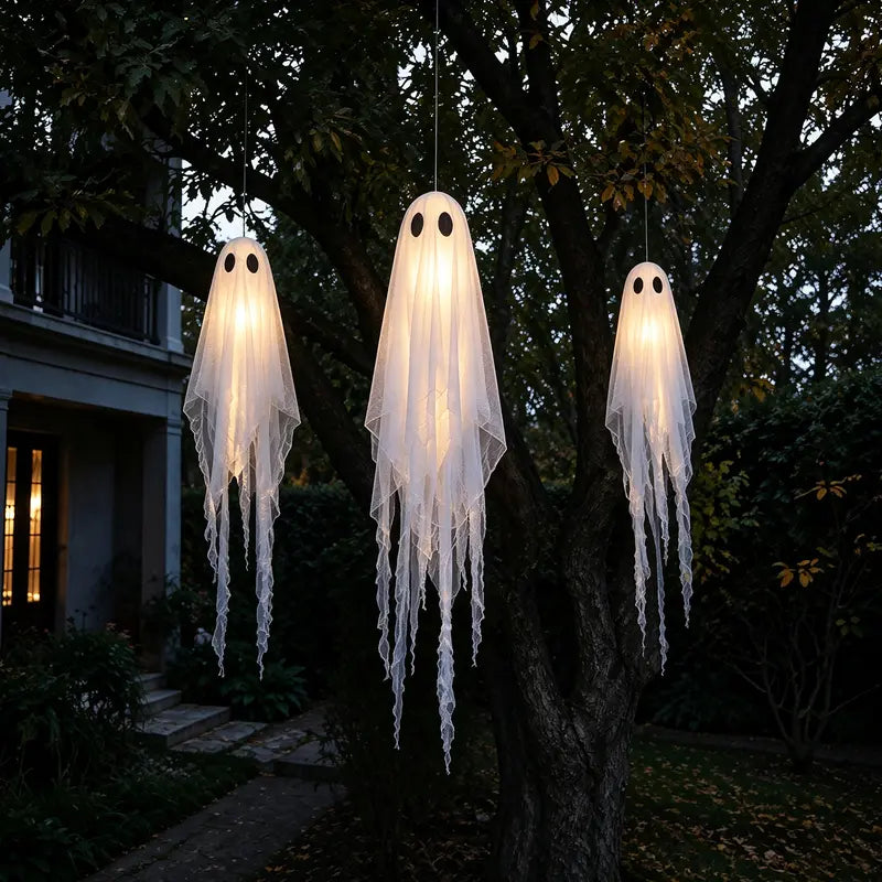 3Pack Light-Up Hanging Ghosts with Remote Lights | Outdoor Halloween Decor for Yard Porch