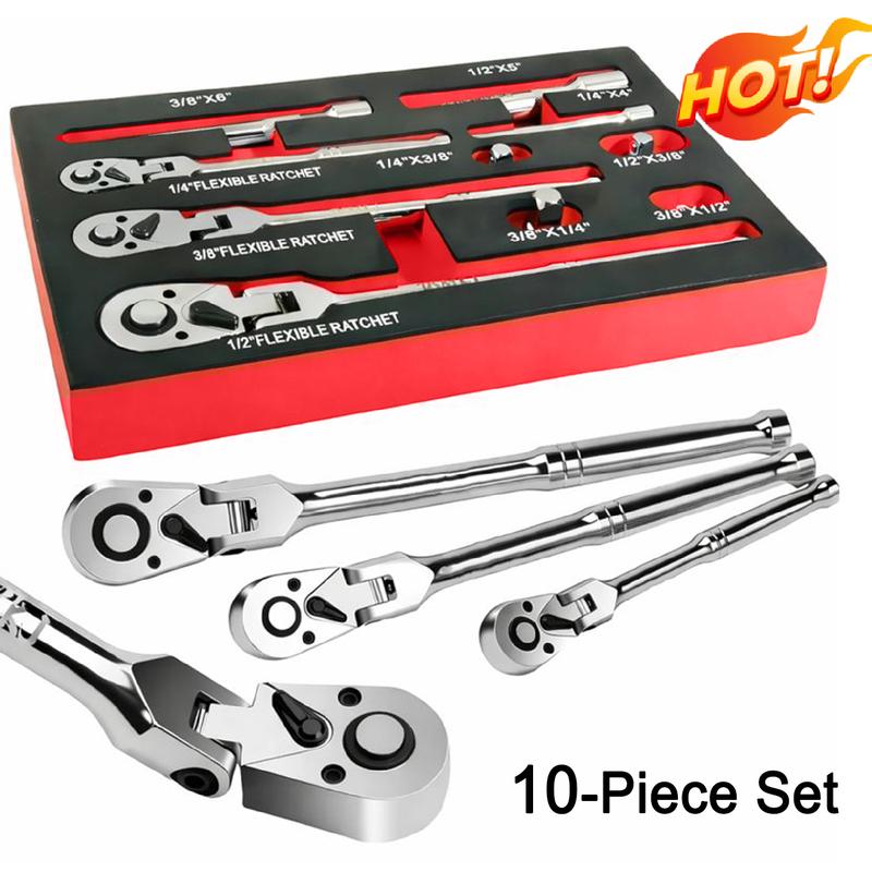 SEESE 10 Piece Flex Head Ratchet Set, 1/4", 3/8" and 1/2" Drive Swivel Head Ratchet Wrench with Extension Bar and 4pc Adapter, 72-Tooth Flexible Wrench Handle with Quick-Release Reversible Design, Halloween gifts