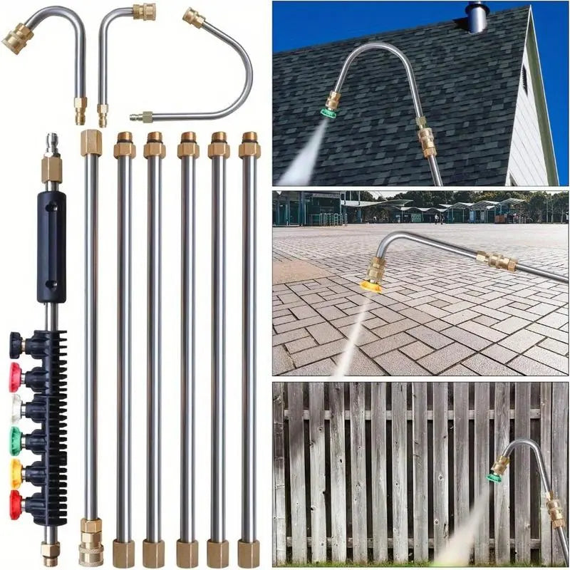 Pressure Washer Extension Wand 10 Pack, Power Washer Lance with 5 Nozzle Tips & Curved Gutter Cleaner Rod, for Gutter Roof Wall Cleaning