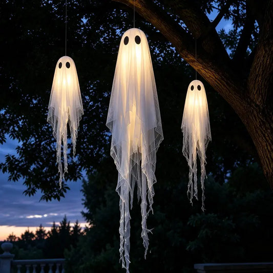 3Pack Light-Up Hanging Ghosts with Remote Lights | Outdoor Halloween Decor for Yard Porch