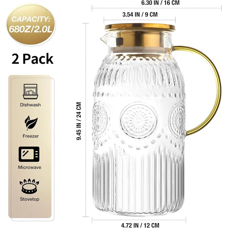 68oz/2L Heat Resistant Glass Pitcher with Lid | For Iced Tea, Lemonade & Cold Brew