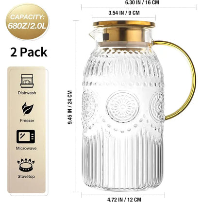 68oz/2L Heat Resistant Glass Pitcher with Lid | For Iced Tea, Lemonade & Cold Brew