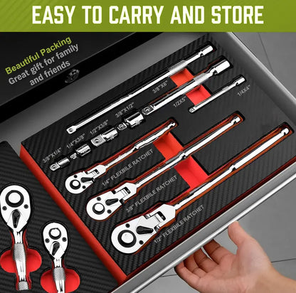 SEESE 10 Piece Flex Head Ratchet Set, 1/4", 3/8" and 1/2" Drive Swivel Head Ratchet Wrench with Extension Bar and 4pc Adapter, 72-Tooth Flexible Wrench Handle with Quick-Release Reversible Design, Halloween gifts