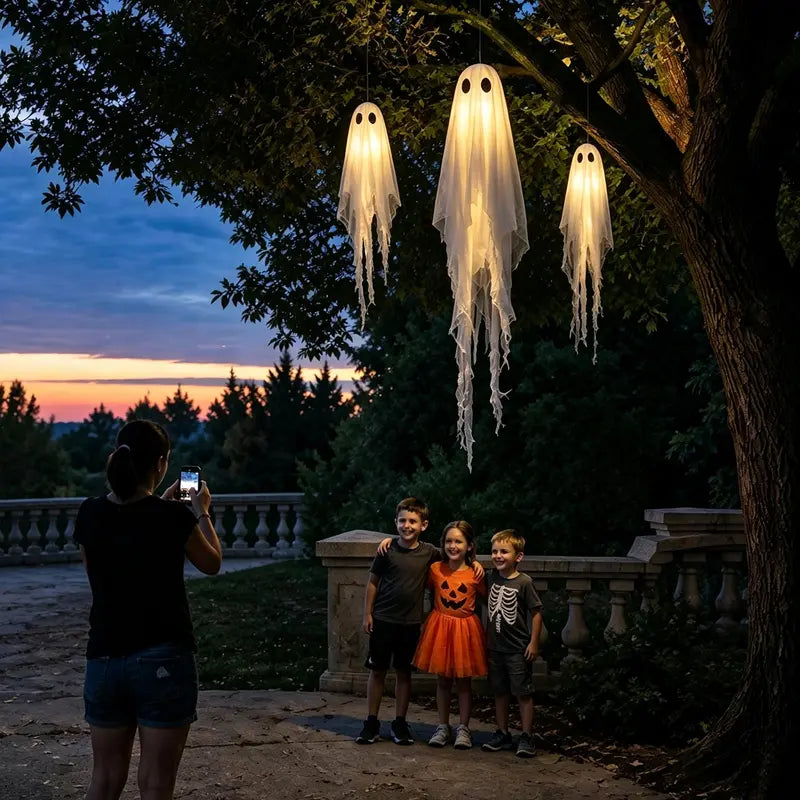 3Pack Light-Up Hanging Ghosts with Remote Lights | Outdoor Halloween Decor for Yard Porch