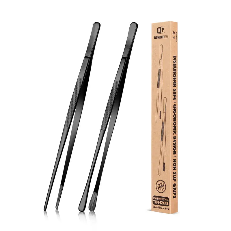 BUNDLEPRO 2-Design Stainless Steel Kitchen Tweezers Set - 10in/12in Reach, Sturdy Fine-Tooth Hold, Narrow-Space Tip Long Handle Tongs for Grill, Barbecue Accessories