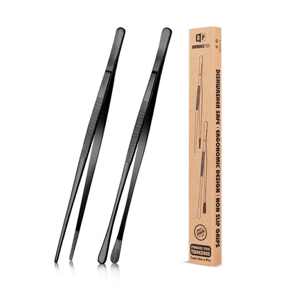 BUNDLEPRO 2-Design Stainless Steel Kitchen Tweezers Set - 10in/12in Reach, Sturdy Fine-Tooth Hold, Narrow-Space Tip Long Handle Tongs for Grill, Barbecue Accessories