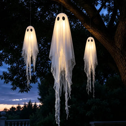 3Pack Light-Up Hanging Ghosts with Remote Lights | Outdoor Halloween Decor for Yard Porch