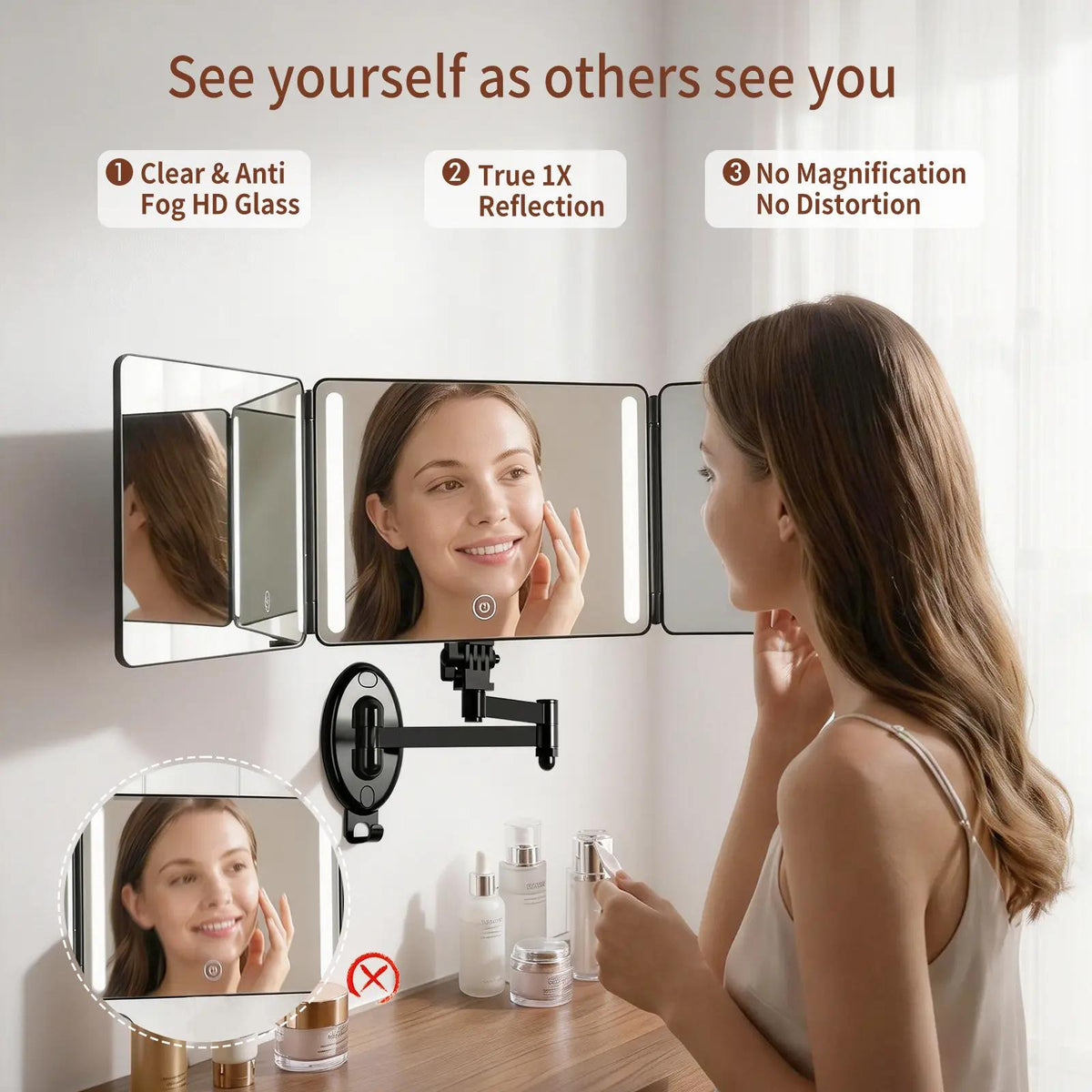 Umitec Mini LED Lighted Trifold Mirror, Wall & Tabletop Removable, Rechargeable