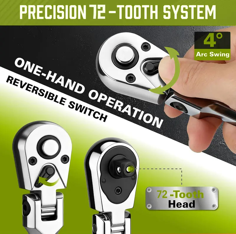 SEESE 10 Piece Flex Head Ratchet Set, 1/4", 3/8" and 1/2" Drive Swivel Head Ratchet Wrench with Extension Bar and 4pc Adapter, 72-Tooth Flexible Wrench Handle with Quick-Release Reversible Design, Halloween gifts
