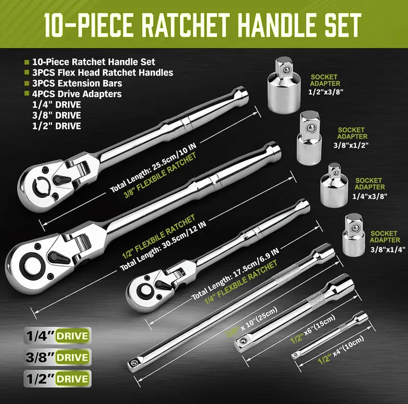 SEESE 10 Piece Flex Head Ratchet Set, 1/4", 3/8" and 1/2" Drive Swivel Head Ratchet Wrench with Extension Bar and 4pc Adapter, 72-Tooth Flexible Wrench Handle with Quick-Release Reversible Design, Halloween gifts