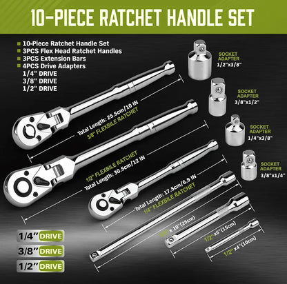 SEESE 10 Piece Flex Head Ratchet Set, 1/4", 3/8" and 1/2" Drive Swivel Head Ratchet Wrench with Extension Bar and 4pc Adapter, 72-Tooth Flexible Wrench Handle with Quick-Release Reversible Design, Halloween gifts