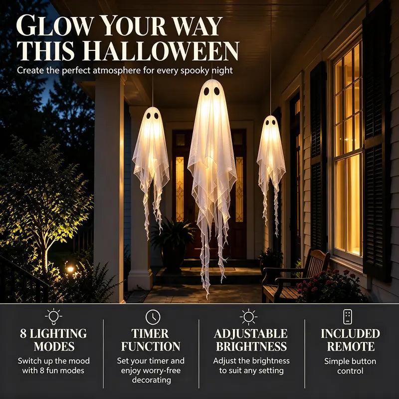 3Pack Light-Up Hanging Ghosts with Remote Lights | Outdoor Halloween Decor for Yard Porch