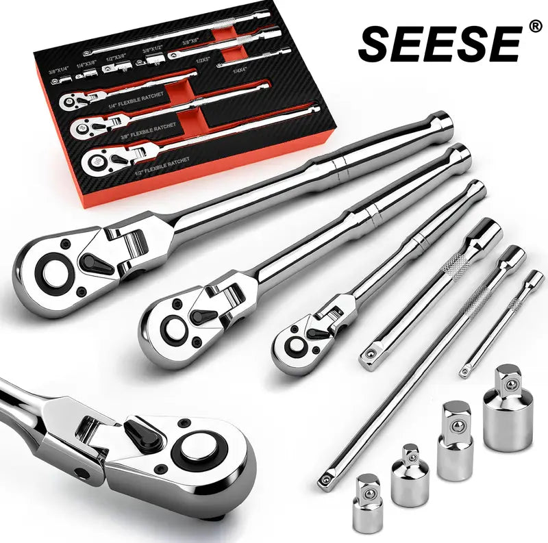 SEESE 10 Piece Flex Head Ratchet Set, 1/4", 3/8" and 1/2" Drive Swivel Head Ratchet Wrench with Extension Bar and 4pc Adapter, 72-Tooth Flexible Wrench Handle with Quick-Release Reversible Design, Halloween gifts