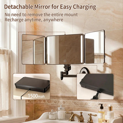 Umitec Mini LED Lighted Trifold Mirror, Wall & Tabletop Removable, Rechargeable