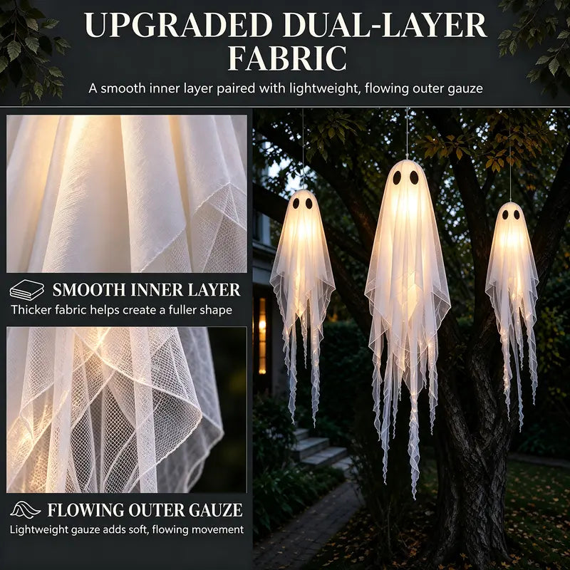 3Pack Light-Up Hanging Ghosts with Remote Lights | Outdoor Halloween Decor for Yard Porch