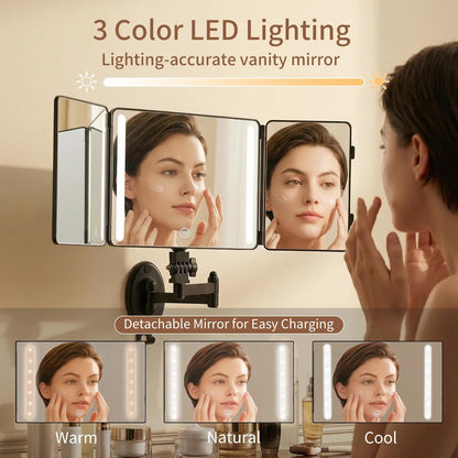 Umitec Mini LED Lighted Trifold Mirror, Wall & Tabletop Removable, Rechargeable