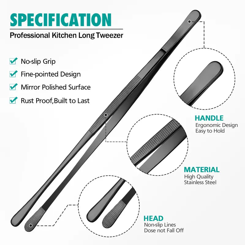 BUNDLEPRO 2-Design Stainless Steel Kitchen Tweezers Set - 10in/12in Reach, Sturdy Fine-Tooth Hold, Narrow-Space Tip Long Handle Tongs for Grill, Barbecue Accessories