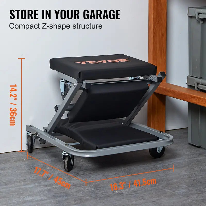 VEVOR 36-in Foldable Z Garage Creeper Seat Rolling Stool - Car Repair Tools, 2-in-1 Design, Convertible from Creeper to Stool, Adjustable Ergonomic, Oilproof Vinyl, 360° Smooth Steer, 3-in Tight Access, Steel Frame for Auto Mechanics