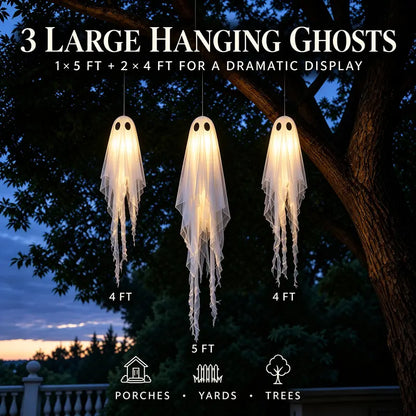 3Pack Light-Up Hanging Ghosts with Remote Lights | Outdoor Halloween Decor for Yard Porch