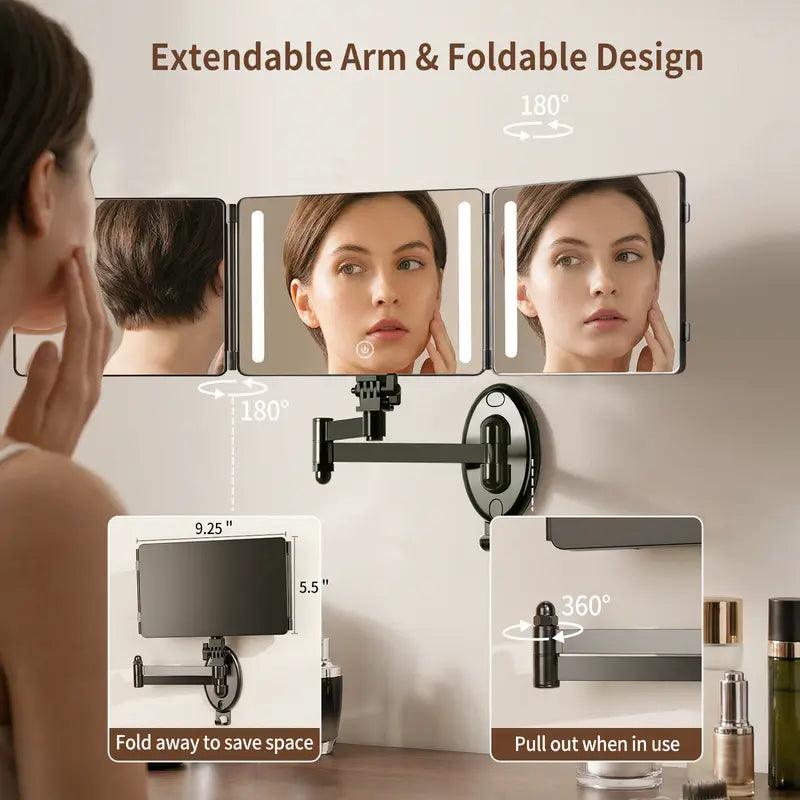 Umitec Mini LED Lighted Trifold Mirror, Wall & Tabletop Removable, Rechargeable