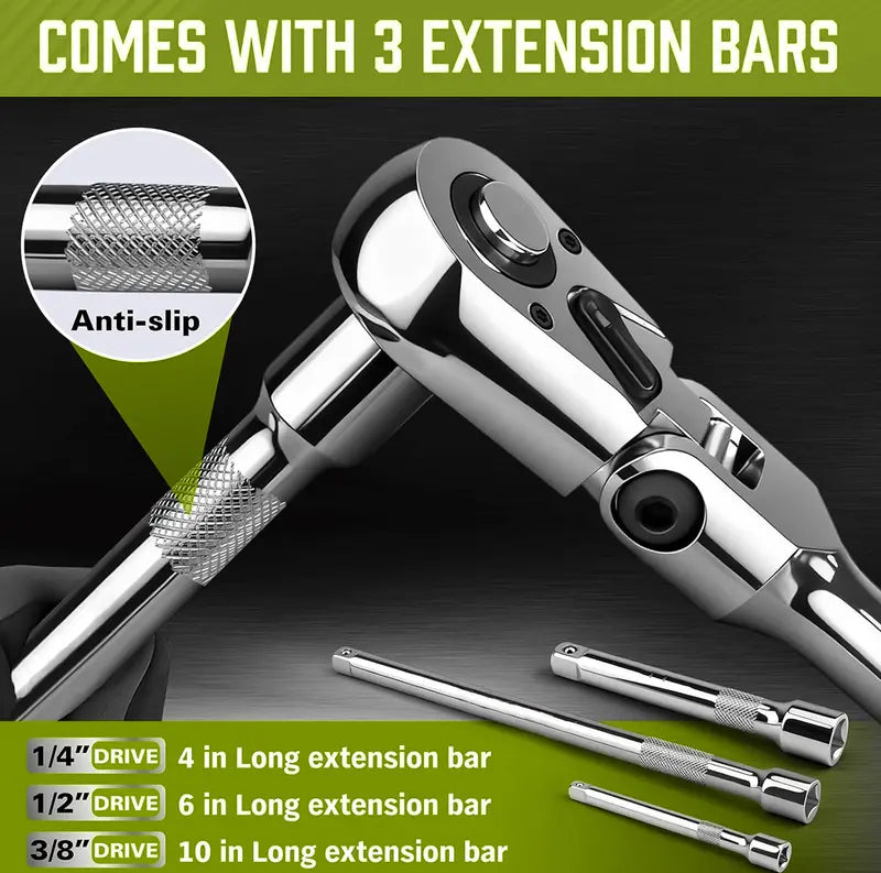 SEESE 10 Piece Flex Head Ratchet Set, 1/4", 3/8" and 1/2" Drive Swivel Head Ratchet Wrench with Extension Bar and 4pc Adapter, 72-Tooth Flexible Wrench Handle with Quick-Release Reversible Design, Halloween gifts