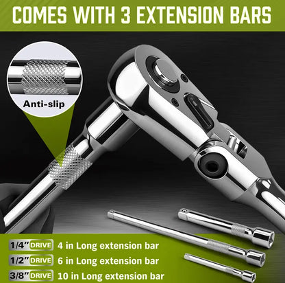 SEESE 10 Piece Flex Head Ratchet Set, 1/4", 3/8" and 1/2" Drive Swivel Head Ratchet Wrench with Extension Bar and 4pc Adapter, 72-Tooth Flexible Wrench Handle with Quick-Release Reversible Design, Halloween gifts