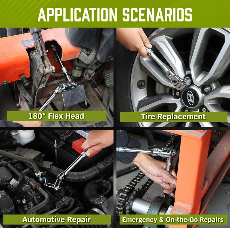 SEESE 10 Piece Flex Head Ratchet Set, 1/4", 3/8" and 1/2" Drive Swivel Head Ratchet Wrench with Extension Bar and 4pc Adapter, 72-Tooth Flexible Wrench Handle with Quick-Release Reversible Design, Halloween gifts