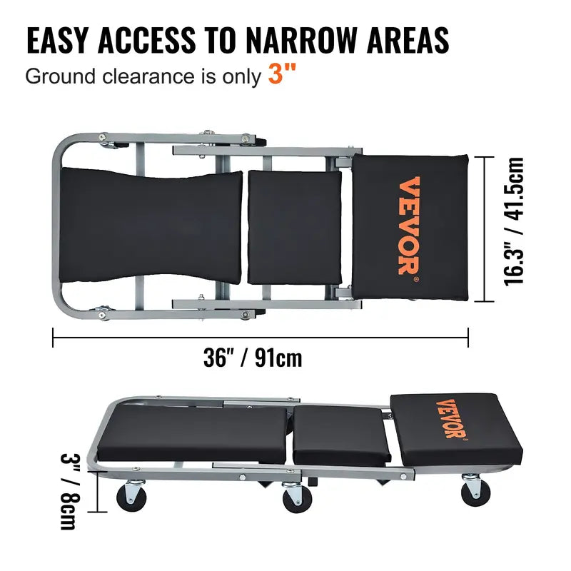 VEVOR 36-in Foldable Z Garage Creeper Seat Rolling Stool - Car Repair Tools, 2-in-1 Design, Convertible from Creeper to Stool, Adjustable Ergonomic, Oilproof Vinyl, 360° Smooth Steer, 3-in Tight Access, Steel Frame for Auto Mechanics