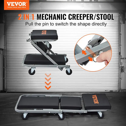 VEVOR 36-in Foldable Z Garage Creeper Seat Rolling Stool - Car Repair Tools, 2-in-1 Design, Convertible from Creeper to Stool, Adjustable Ergonomic, Oilproof Vinyl, 360° Smooth Steer, 3-in Tight Access, Steel Frame for Auto Mechanics