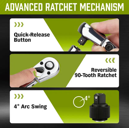 SEESE 10 Piece Flex Head Ratchet Set, 1/4", 3/8" and 1/2" Drive Swivel Head Ratchet Wrench with Extension Bar and 4pc Adapter, 72-Tooth Flexible Wrench Handle with Quick-Release Reversible Design, Halloween gifts